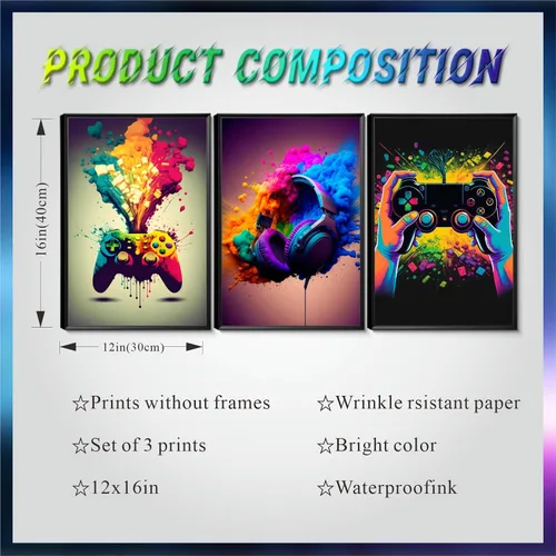 Vista 3 de Juego de Arte de Pared para Decoración de Sala de Juegos de 3 Piezas - Decoración de Pared de Control de Videojuegos para Gamers, Póster de Lienzo