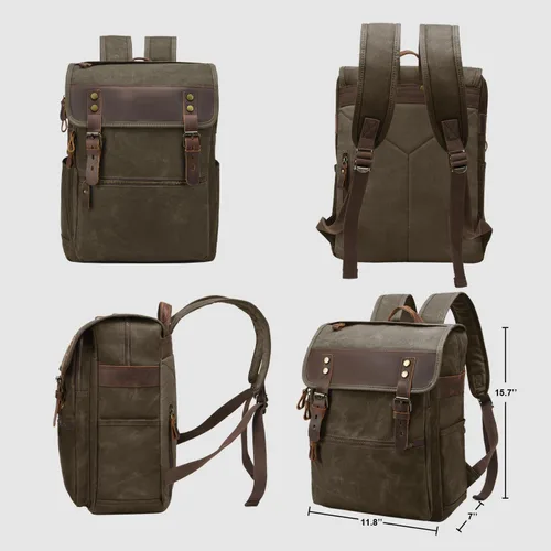Vista 2 de Mochila vintage de lona encerada para hombres y mujeres, verde militar Mochila de viaje para computadora portátil, de piel auténtica