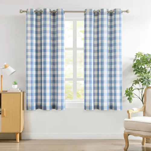 Vista 11 de Amzdecor Cortinas a cuadros con ojales de búfalo de 54 pulgadas de largo, cortinas texturizadas semitransparentes para sala de estar, dormitorio