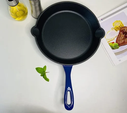 Vista 6 de HAWOK Sartén esmaltada de hierro fundido, sartén, DIA.10 pulgadas, con cubierta de asa, azul Azul marino