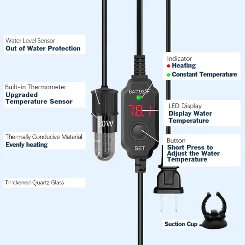Vista 2 de YOFOTHS Mini calentador ajustable para acuario de 0.5/1/2/3 galones, sumergible, calentador de pecera pequeño, 10 W/20 W/30 W, termostato