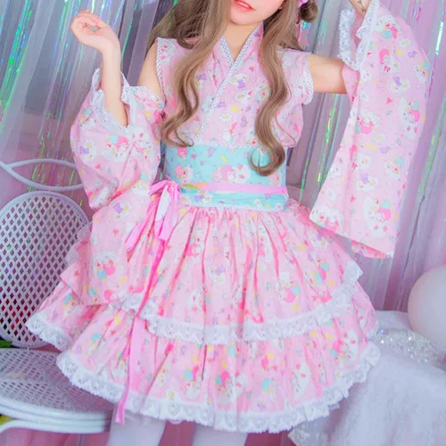 Vista 7 de BelugaDesign Vestido Kawaii Lolita Lindo juego de 8 piezas rosa pastel Falda camisa, cinturón manga lazo para mujer