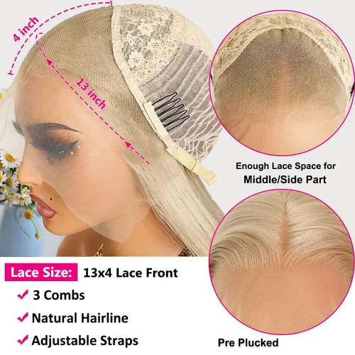 Vista 6 de Peluca con encaje frontal rubia ceniza, de 22 pulgadas de largo cabello sintético lacio, línea capilar prerasgueada, fácil de instalar, ligera