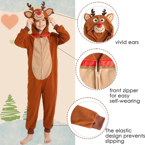 Vista 29 de Wizland Disfraz de animal para niños, leopardo, vaca, mono, reno, gato negro, dálmata, muñeco de nieve, mono de Papá Noel