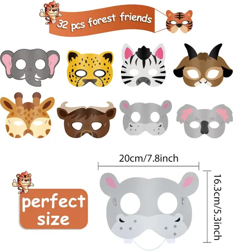 Vista 2 de Blulu 16 piezas de máscaras de animales del safari para niños Máscaras de animales del zoológico de la jungla Máscaras de dibujos animados