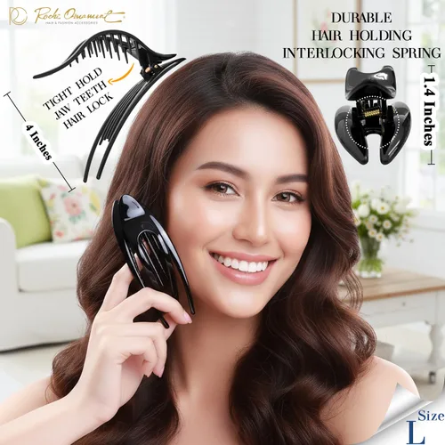 Vista 2 de RC ROCHE 6 piezas de pinzas planas para el cabello con gran garra para cabello grueso, diseño francés de pico de pato, para mujer, sin (Large) Negro