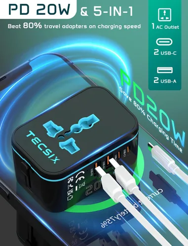 Vista 10 de Adaptador de Viaje Universal, Adaptador de Energía Internacional con 2 USB-C, 2 Puertos USB-A, Múltiples Salidas AC para UE, EE. UU., Reino Unido