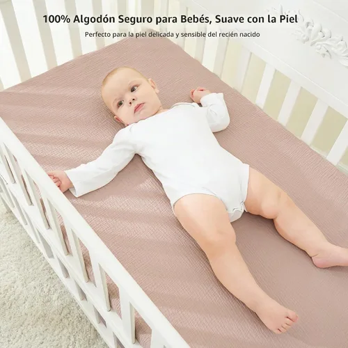 Vista 2 de Bearmoss Sábanas de muselina para mini cuna para Pack N Play - 100% algodón - 38"x26" Sábanas suaves y transpirables para corralito y cuna de bebé