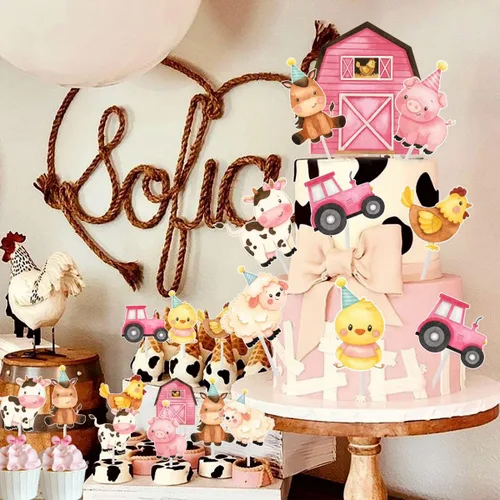 Vista 2 de Decoración de pastel de animales de granja rosa para niñas, temática de animales de granja, fiesta de cumpleaños, decoración de pastel de vaca
