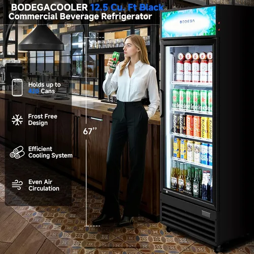 Vista 3 de BODEGACOOLER Refrigerador Comercial de Bebidas, 12.5 Pies Cúbicos Refrigerador Comercial Merchandiser Negro, Luz LED/Estantes Ajustables