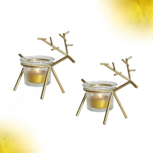 Vista 6 de Holibanna Paquete de 2 portavelas de té de reno, portavelas votivo de cristal, decoración de mesa de Navidad, centros de mesa para fiestas y comedor