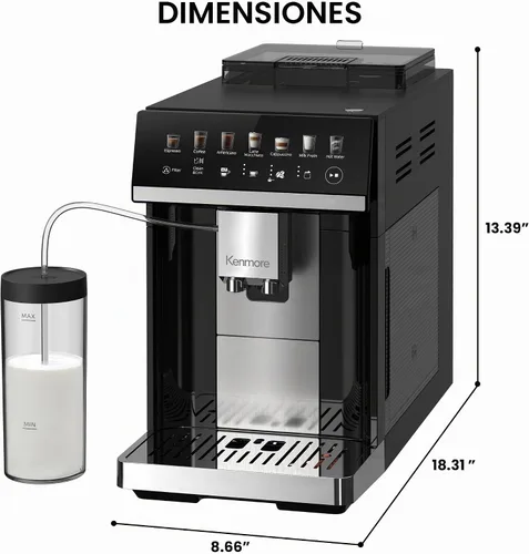 Vista 7 de Kenmore Cafetera Automática Completa - Con Molinillo, Espumador de Leche y Vaporizador, Tamper Automático, Máquina de Espresso Descalcificadora Negro