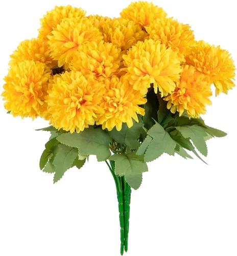 Vista 8 de Flores artificiales de caléndula, paquete de 4 ramos de flores de caléndula de seda de 12 pulgadas para decoración del día de los muertos