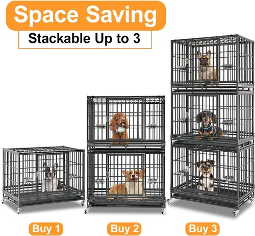 Vista 8 de Homey Pet Jaula apilable para perros de 36 pulgadas, resistente e indestructible, a prueba de escape, con 4 ruedas con bloqueo, bandeja extraíble