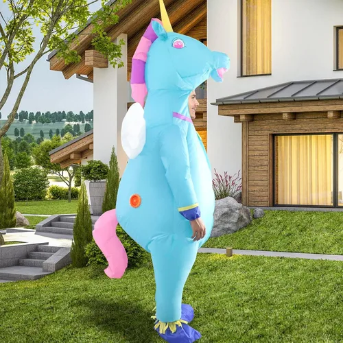Vista 4 de Traje inflable de unicornio azul para adultos, la mejor decoración para fiestas, reuniones, celebraciones de vacaciones, Halloween y otros