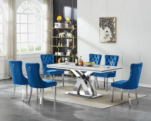 Vista 31 de Juego de mesa de comedor de cristal plateado moderno de 70 pulgadas para 4, juego de mesa de comedor rectangular de 5 piezas con patas de acero