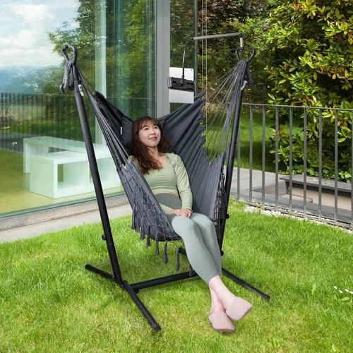 Vista 8 de Tangkula Silla hamaca con soporte, estilo bohemio macramé con soporte, soporte para teléfono celular, silla colgante ajustable en altura