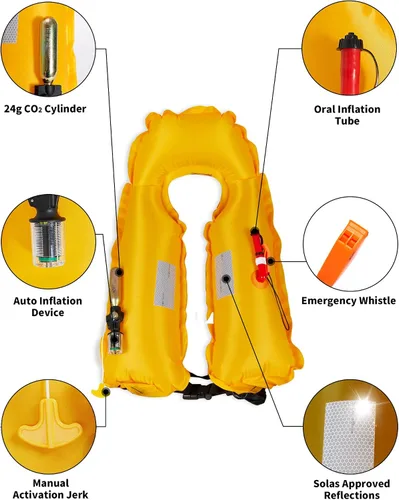 Vista 9 de Owntop Chaqueta de natación inflable para adultos, convertible automática/manual, cuello de neopreno, bolsillos grandes con solapa y trabillas