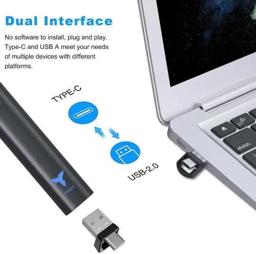 Vista 2 de Clicker para presentaciones de PowerPoint, TIBURN 100 pies Clicker de presentación USB/USB-C 2 en 1 Diapositivas Clicker