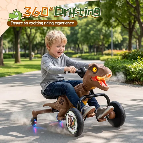 Vista 4 de Costzon Dinosaur Kids Pedal Car Go Kart con luces, rocío de niebla Marrón