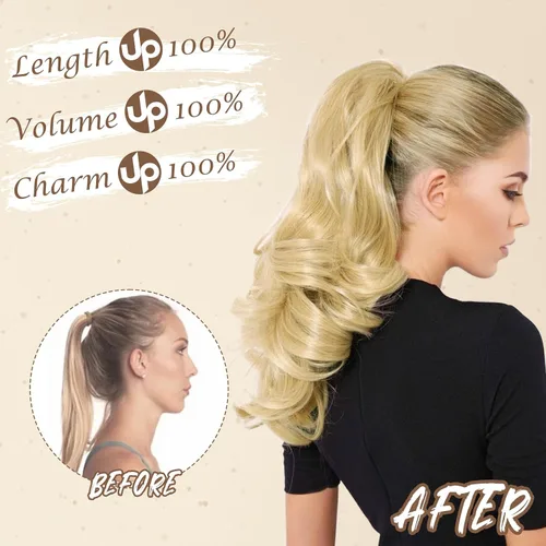 Vista 6 de BARSDAR Cola de caballo corta ondulada con cordón, extensiones de cabello sintético de 16 pulgadas con clip, mezcla de marrón ceniza