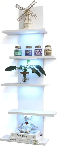 Vista 15 de VIWODS Estante de pared de 4 niveles con luces LED, estante flotante para decoración del hogar, estante vertical montado en la pared