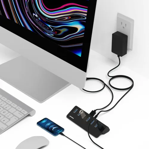 Vista 4 de Achoro Hub USB 3.2 alimentado por 7 puertos (2.ª generación), expansor USB de aluminio de alta velocidad de 10 Gbps para computadora, Mac, PC