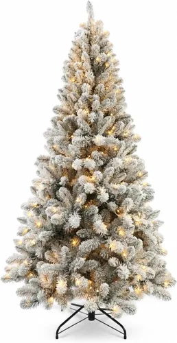 Vista 11 de Árbol de Navidad flocado de 6 pies preiluminado, árbol de Navidad Blanco (luz coloreada)