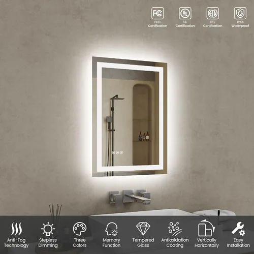 Vista 2 de Espejo LED para baño de 20 x 28 pulgadas, espejo de tocador de baño con luces, espejo iluminado antivaho montado en la pared, espejo iluminado