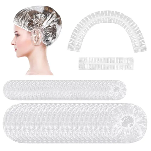 Vista 8 de MORGLES 100 gorros de ducha desechables, gorros de ducha grandes transparentes para mujeres, desechables, gorras de plástico para el tratamiento