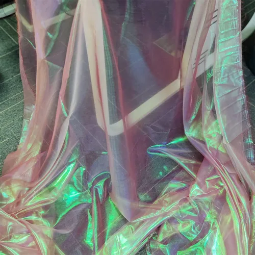 Vista 5 de Tela de encaje de organza con gradiente láser arcoíris mágico, tela de gasa holográfica iridescente para vestido de novia, cortina, fondo, fiesta