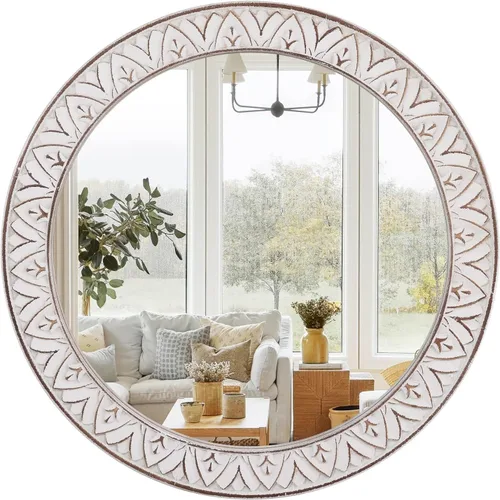 Vista 8 de Espejo redondo de 12 pulgadas con marco de madera para granja, espejo rústico decorativo envejecido montado en la pared para baño, dormitorio, sala