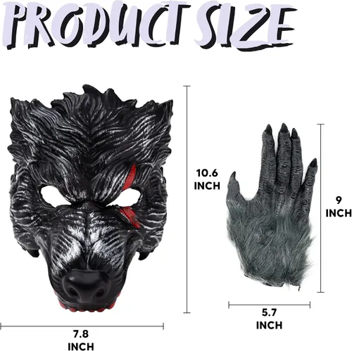 Vista 6 de Spooktacular - Máscara de lobo y garras de Halloween realista negro grande malo aullante 3D disfraz de hombre lobo con manchas de sangre incluye