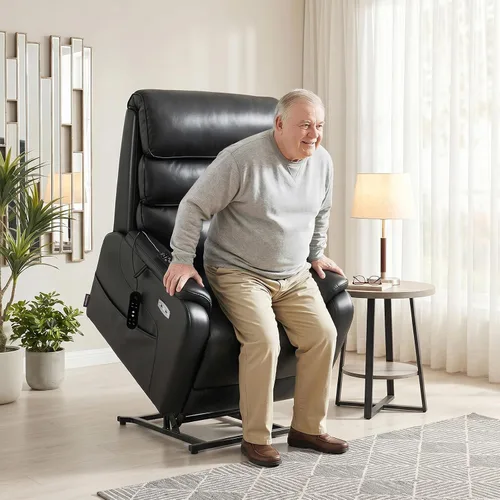 Vista 2 de EONIX Silla Reclinable Eléctrica de Doble Motor Completamente Reclinable para Ancianos, Sillas Elevadoras Eléctricas de Cuero Sintético para Negro