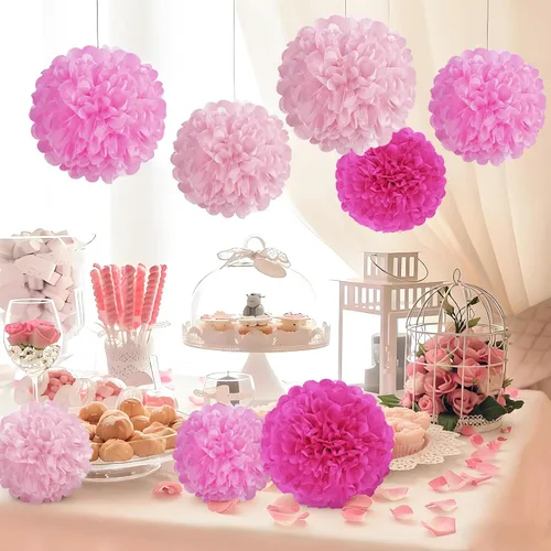Vista 8 de Pompones de Papel de Flores Rosa Intenso Decoraciones Colgantes Bola de Flores Rosas para el Día de la Madre Baby Shower Boda Guardería Fiesta