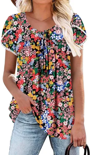 Vista 47 de BETTE BOUTIK Blusas de verano para mujer, plisadas, de manga corta, con cordón, cuello redondo, tallas S-3XL