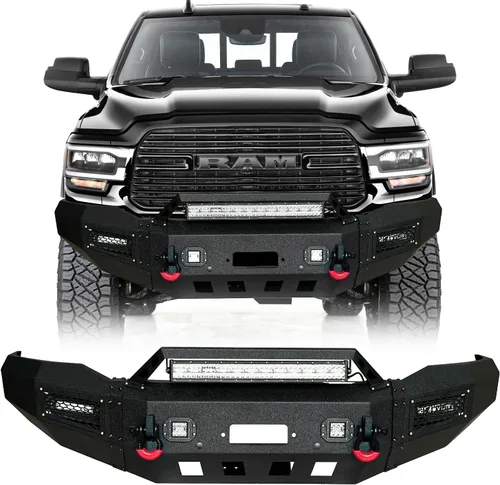 Vista 9 de Parachoques delantero compatible con Dodge RAM 2500/3500 2003 2004 2005 con placa de cabrestante + 5 luces LED + anillos en D