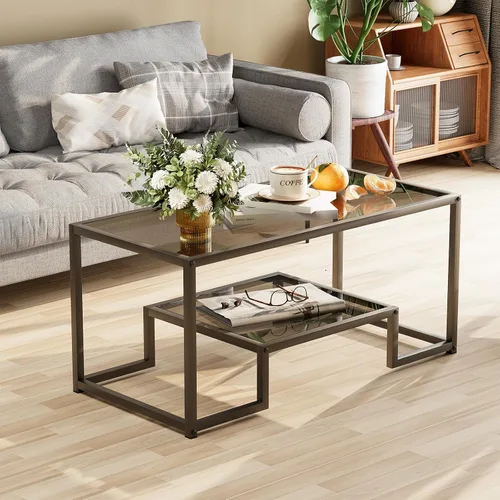 Vista 6 de Wolawu Mesa de Café de Cristal Gris Mesa de Café para Sala de Estar, Mesa Central Rectangular de 2 Niveles con Marco de Metal Resistente, Mesa