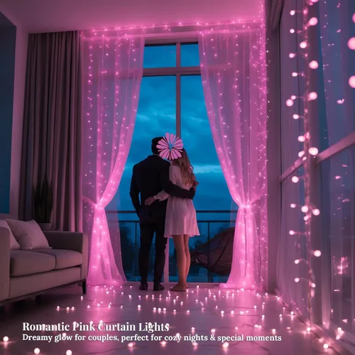 Vista 4 de Etinga - Guirnalda de 100 luces LED rosa, 33 pies con enchufe, luces de hadas decorativas con 8 modos para interiores y exteriores, dormitorio