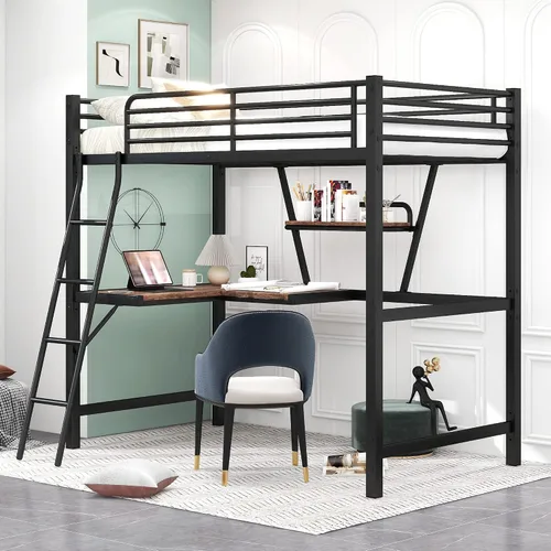 Vista 3 de Merax Litera individual de metal pesado con escritorio/barandilla de longitud completa para niños y niñas, no necesita somier, color negro