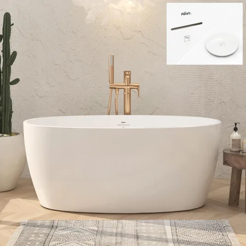 Vista 17 de FerdY Tahití - Bañera de acrílico independiente de 55 pulgadas, elegante bañera de remojo de forma ovalada, blanco brillante, drenaje dorado