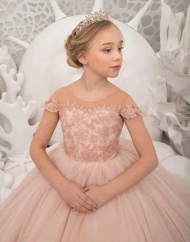 Vista 4 de Uzqast Lace Appliques Flower Girls Dresses Tulle Short Sleeves Princess Long Wedding Pageant Ball Gown Dress for Girls