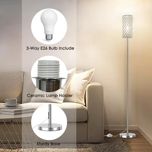 Vista 3 de Lámparas de pie de cristal – Moderna lámpara de pie plateada con 3 bombillas LED CCT para decoración elegante del hogar, sala de estar y dormitorio
