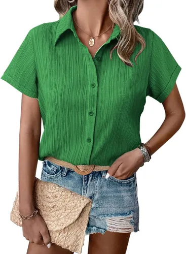 Vista 13 de HOTOUCH Camisa de vestir de manga corta con botones para mujer, cuello en V, con botones, para verano, con textura, para el trabajo