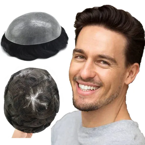 Vista 49 de Toupee para hombres Sistema de reemplazo de cabello humano PU piel fina V-looped Hair Piece Nature Hair System para hombre Toupee 6X8#1B Off Black