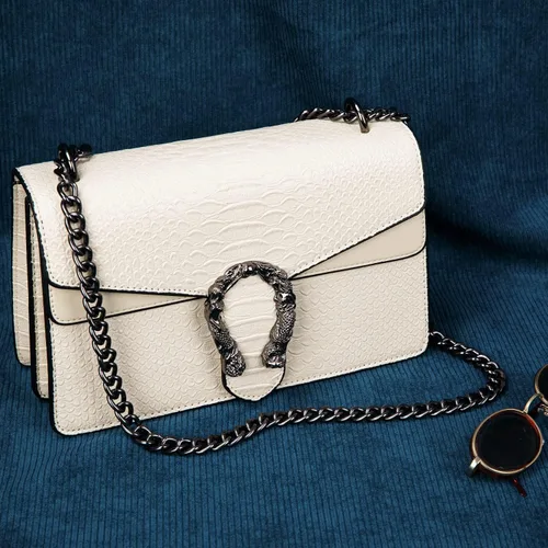 Vista 2 de Bolso bandolera con estampado de serpiente para mujer, de piel sintética, con cadena, bolso de mano de noche