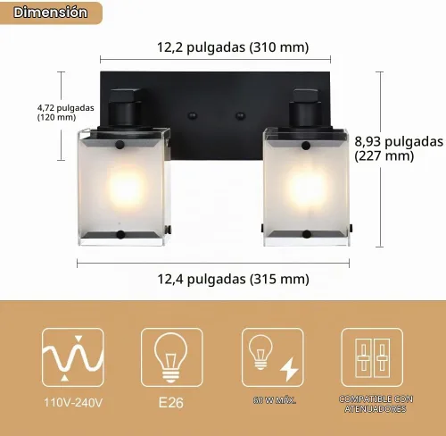 Vista 4 de Lámpara de pared negra de WINSHEN, lámpara de tocador de baño de 2 luces, lámpara de montaje en pared sobre espejo para dormitorio, estudio, sala