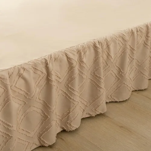 Vista 2 de Falda de cama tamaño Full con volantes y esquinas divididas, falda de cama boho acolchada caída de 14 pulgadas con plataforma, camello claro - 14