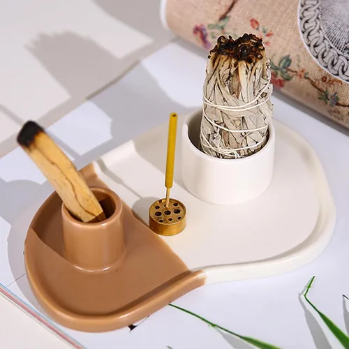 Vista 4 de Soporte de cerámica 4 en 1 para incienso, soporte de Palo Santo, quemador de Palo Santo, soporte para barra de incienso, soporte de salvia