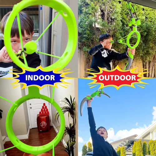 Vista 4 de Funwares Arco y flecha patentado para lanzar flechas de más de 200 pies, incluye 4 flechas con punta de espuma silbante, carcaj incluido, increíble